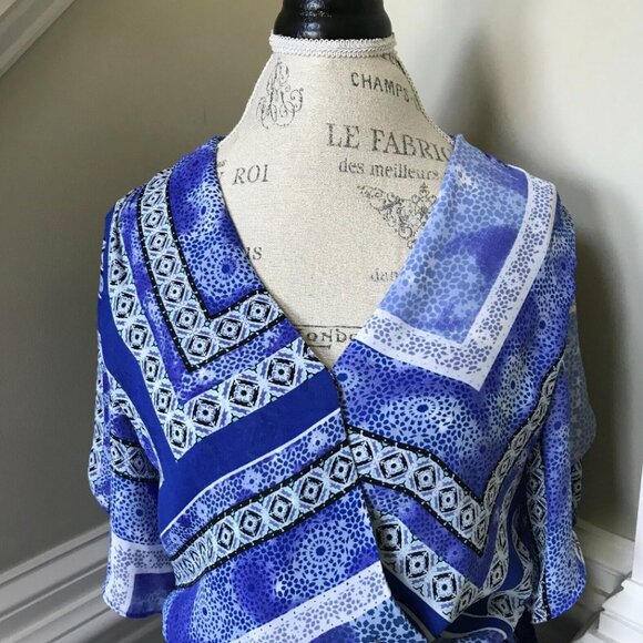 Parker Dominica Midi Dress Womens Medium Blue White Faux Wrap Dolman Sleeve - Picture 6 of 11